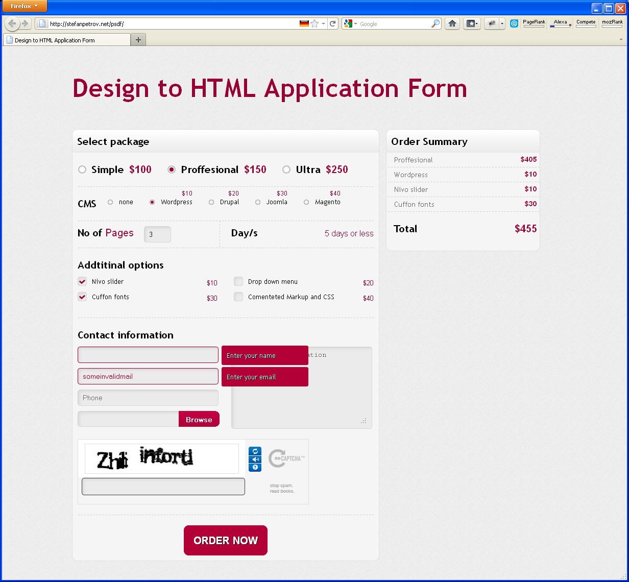 Desgin to HTML Application Form - order design slicing